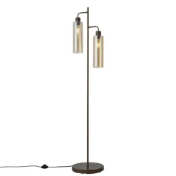QAZQA Wohnzimmerlampen|Stehlampen*Hotel Chic Stehleuchte Dunkelbronze mit bernsteinfarbenem Glas 2-flammig - Stavelot