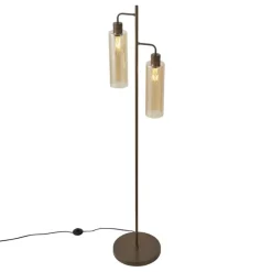 QAZQA Wohnzimmerlampen|Stehlampen*Hotel Chic Stehleuchte Dunkelbronze mit bernsteinfarbenem Glas 2-flammig - Stavelot