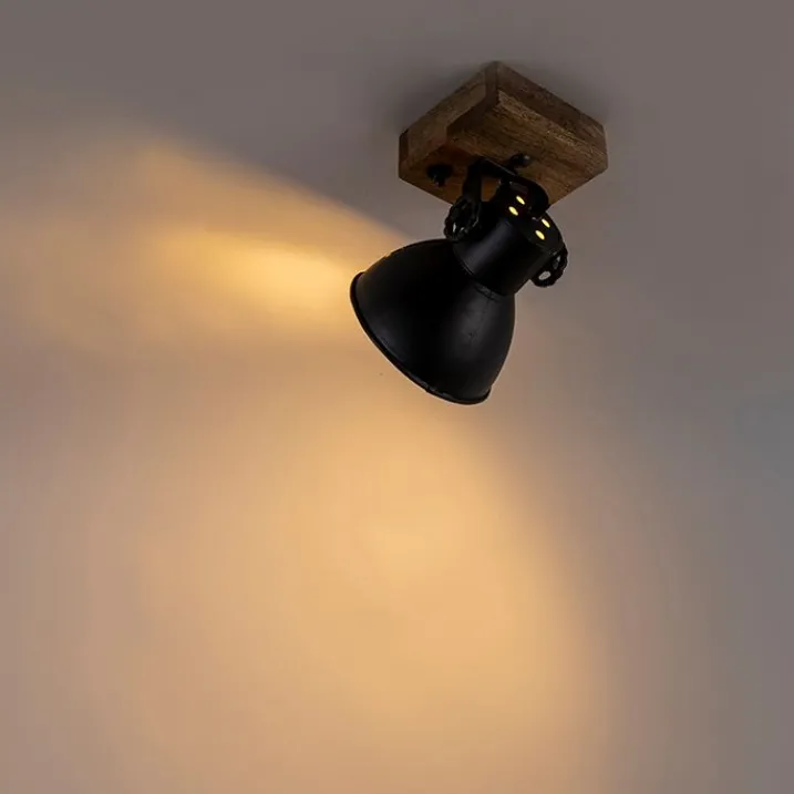 QAZQA Wandstrahler|Deckenstrahler*Industrie Spot schwarz mit Mangoholz 18 cm - Mangos