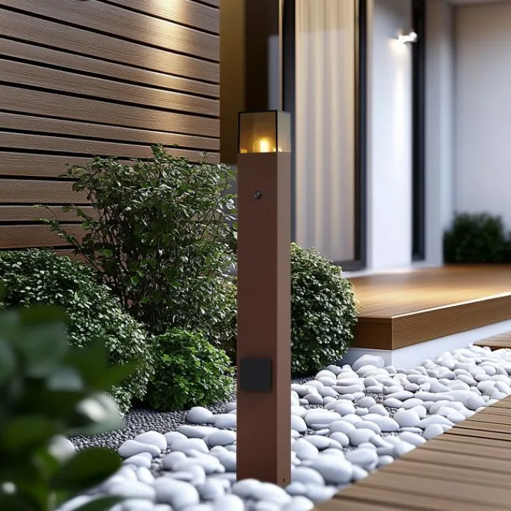 QAZQA Gartenbeleuchtung|Stehlampen Außen*Industrielle Außenleuchte Rostbraun mit Rauchglas 70cm mit Dämmerungssensor IP44 - Dänemark