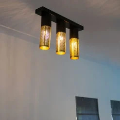 QAZQA Deckenleuchten|Wohnzimmerlampen*Industrielle Deckenlampe schwarz mit goldenem länglichem 3-Licht - Raspi