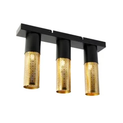 QAZQA Deckenleuchten|Wohnzimmerlampen*Industrielle Deckenlampe schwarz mit goldenem länglichem 3-Licht - Raspi