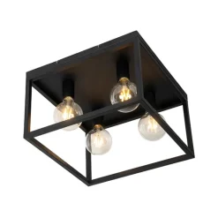 QAZQA Deckenleuchten|Wohnzimmerlampen*Industrielle Deckenlampe schwarz 40 cm 4-flammig - Cage