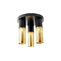 QAZQA Deckenleuchten|Wohnzimmerlampen*Industrielle Deckenlampe schwarz mit goldenen runden 3 Lichtern - Raspi