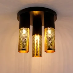 QAZQA Deckenleuchten|Wohnzimmerlampen*Industrielle Deckenlampe schwarz mit goldenen runden 3 Lichtern - Raspi