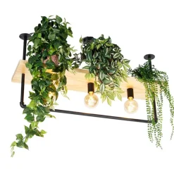 QAZQA Deckenleuchten|Wohnzimmerlampen*Industrielle Deckenleuchte schwarz mit Holz 3-Licht - Regal