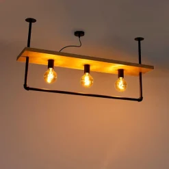 QAZQA Deckenleuchten|Wohnzimmerlampen*Industrielle Deckenleuchte schwarz mit Holz 3-Licht - Regal