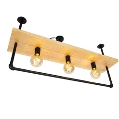 QAZQA Deckenleuchten|Wohnzimmerlampen*Industrielle Deckenleuchte schwarz mit Holz 3-Licht - Regal