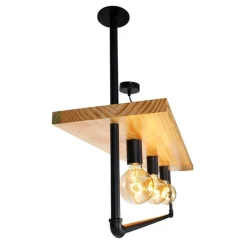QAZQA Deckenleuchten|Wohnzimmerlampen*Industrielle Deckenleuchte schwarz mit Holz 3-Licht - Regal