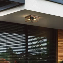 QAZQA Gartenbeleuchtung|Deckenleuchten Außen*Industrielle Deckenleuchte Holzoptik IP44 2-flammig - Charlois