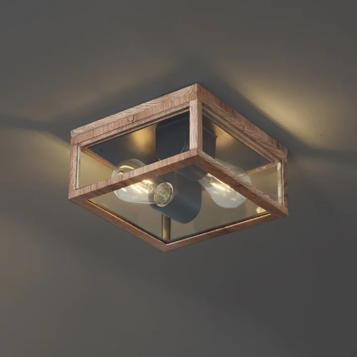 QAZQA Gartenbeleuchtung|Deckenleuchten Außen*Industrielle Deckenleuchte Holzoptik IP44 2-flammig - Charlois