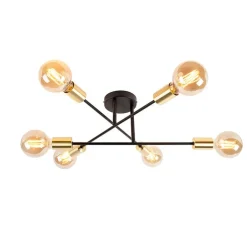 QAZQA Deckenleuchten|Wohnzimmerlampen*Industrielle Deckenleuchte schwarz mit goldenen 6 Lichtern – Sydney