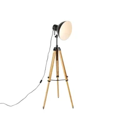 QAZQA Stehlampen|Wohnzimmerlampen*Industrielle Dreibein-Stehlampe schwarz mit Holz - Mangos