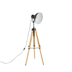 QAZQA Stehlampen|Wohnzimmerlampen*Industrielle Dreibein-Stehlampe schwarz mit Holz - Mangos