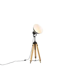 QAZQA Stehlampen|Wohnzimmerlampen*Industrielle Dreibein-Stehlampe schwarz mit Holz - Mangos