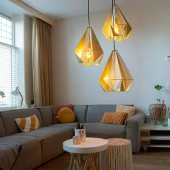 QAZQA Pendelleuchten|Wohnzimmerlampen*Industrielle Hängelampe Gold mit Netz 3-flammig – Karkasse