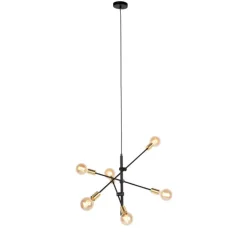 QAZQA Pendelleuchten|Wohnzimmerlampen*Industrielle Hängelampe Schwarz und Messing 78 cm 6 Lichter - Sydney