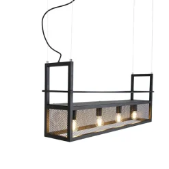 QAZQA Pendelleuchten|Wohnzimmerlampen*Industrielle Hängelampe schwarz mit Mesh 4-flammig - Cage Rack
