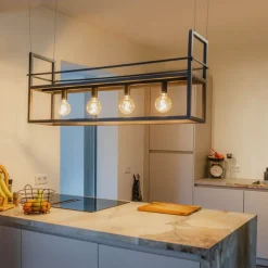 QAZQA Pendelleuchten|Esszimmerlampen*Industrielle Hängelampe schwarz mit Gestell groß 4-flammig - Cage Rack