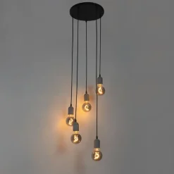 QAZQA Pendelleuchten|Wohnzimmerlampen*Industrielle Hängelampe schwarz mit Beton rund 5-Licht - Pedra