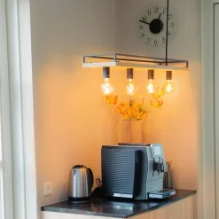 QAZQA Pendelleuchten|Wohnzimmerlampen*Industrielle Hängelampe schwarz mit Holz 4-Licht - Regal