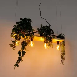 QAZQA Pendelleuchten|Wohnzimmerlampen*Industrielle Hängelampe schwarz mit Holz 4-Licht - Regal