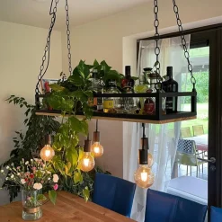 QAZQA Schlafzimmerlampen|Küchenlampen*Industrielle Hängelampe schwarz mit Holz 5-Licht - Regal