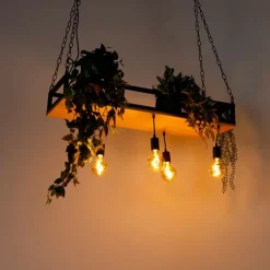 QAZQA Schlafzimmerlampen|Küchenlampen*Industrielle Hängelampe schwarz mit Holz 5-Licht - Regal