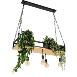 QAZQA Schlafzimmerlampen|Küchenlampen*Industrielle Hängelampe schwarz mit Holz 5-Licht - Regal