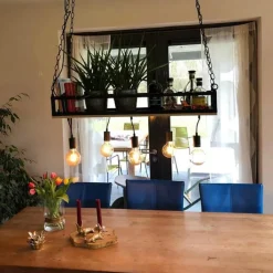 QAZQA Schlafzimmerlampen|Küchenlampen*Industrielle Hängelampe schwarz mit Holz 5-Licht - Regal