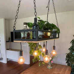 QAZQA Schlafzimmerlampen|Küchenlampen*Industrielle Hängelampe schwarz mit Holz 5-Licht - Regal