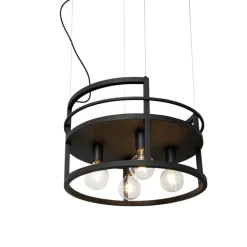 QAZQA Pendelleuchten|Wohnzimmerlampen*Industrielle Hängelampe schwarz mit rundem 4-Licht-Rack - Cage Rack