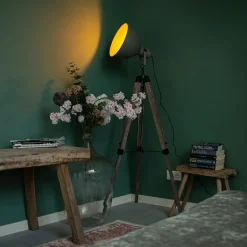 QAZQA Schlafzimmerlampen|Küchenlampen*Industrielle Stehlampe auf Holzstativ mit grauem Schirm - Laos