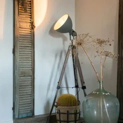 QAZQA Schlafzimmerlampen|Küchenlampen*Industrielle Stehlampe auf Holzstativ mit grauem Schirm - Laos