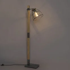 QAZQA Stehlampen|Wohnzimmerlampen*Industrielle Stehlampe dunkelgrau mit Holz - Arthur