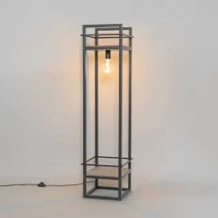 QAZQA Stehlampen|Wohnzimmerlampen*Industrielle Stehlampe schwarz mit Holz - Cage Rack