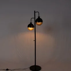 QAZQA Stehlampen|Wohnzimmerlampen*Industrielle Stehleuchte schwarz mit Messing 2-flammig – Haicha