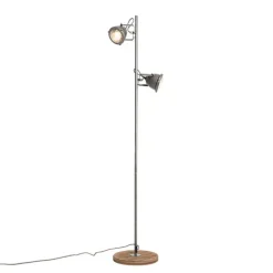 QAZQA Stehlampen|Wohnzimmerlampen*Industrielle Stehleuchte aus Stahl mit Holz, 2-flammig – Emado