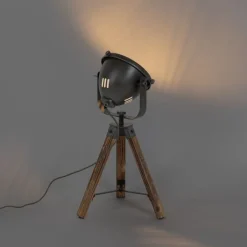 QAZQA Schlafzimmerlampen|Esszimmerlampen*Industrielle Tischlampenstativ aus Stahl mit kippbarem Holz - Emado