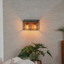 QAZQA Wandleuchten|Wohnzimmerlampen*Industrielle Wandleuchte schwarz mit Gestell 2-flammig - Cage Rack