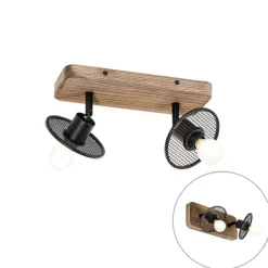 QAZQA Deckenstrahler|Aufbaustrahler*Industrieller Deckenstrahler schwarz mit Holz 2-flammig - Jasmijn