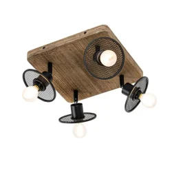 QAZQA Deckenstrahler|Aufbaustrahler*Industrieller Deckenstrahler schwarz mit Holz 4-flammig - Jasmijn