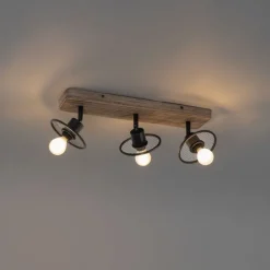QAZQA Deckenstrahler|Aufbaustrahler*Industrieller Deckenstrahler schwarz mit Holz 3-flammig - Jasmijn