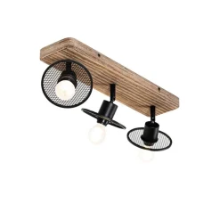 QAZQA Deckenstrahler|Aufbaustrahler*Industrieller Deckenstrahler schwarz mit Holz 3-flammig - Jasmijn