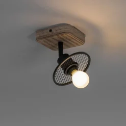 QAZQA Wandstrahler|Deckenstrahler*Industrieller Deckenstrahler schwarz mit Holz - Jasmijn