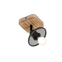 QAZQA Wandstrahler|Deckenstrahler*Industrieller Deckenstrahler schwarz mit Holz - Jasmijn