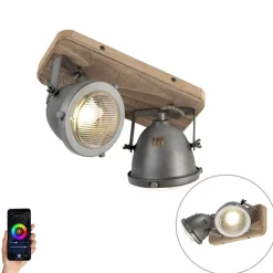 QAZQA Smarte Spots|Smarte Deckenleuchten*Industrieller Smart Spot grau mit Holz inkl. 2 WiFi GU10 - Emado