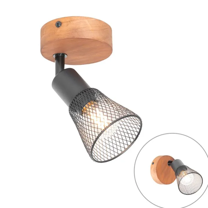 QAZQA Wandstrahler|Deckenstrahler*Industrieller Spot schwarz mit Holz - Kristina