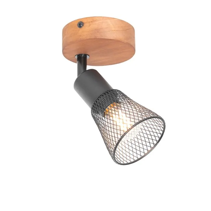 QAZQA Wandstrahler|Deckenstrahler*Industrieller Spot schwarz mit Holz - Kristina