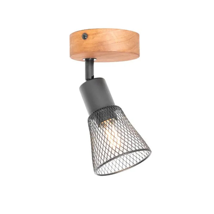 QAZQA Wandstrahler|Deckenstrahler*Industrieller Spot schwarz mit Holz - Kristina